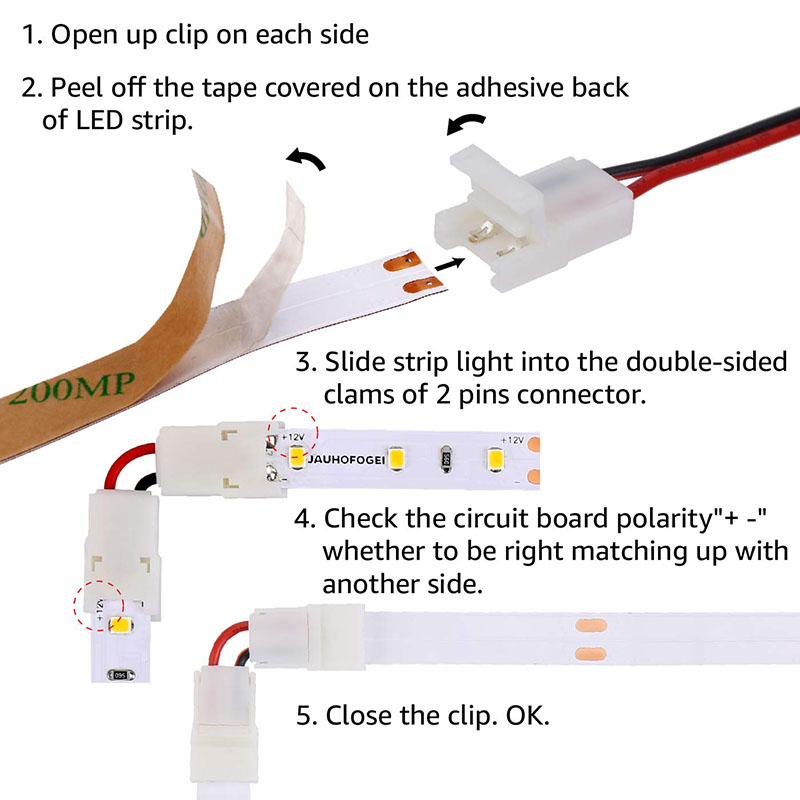 2 Pin L Shape Solderless LED Connector Clips, Max Amp 5A, 90° Connection of 10mm Width Single Color LED Strip Light 2 Pin L Shape Solderless LED Connector Clips, Max Amp 5A, 90° Connection of 10mm Width Single Color LED Strip Light